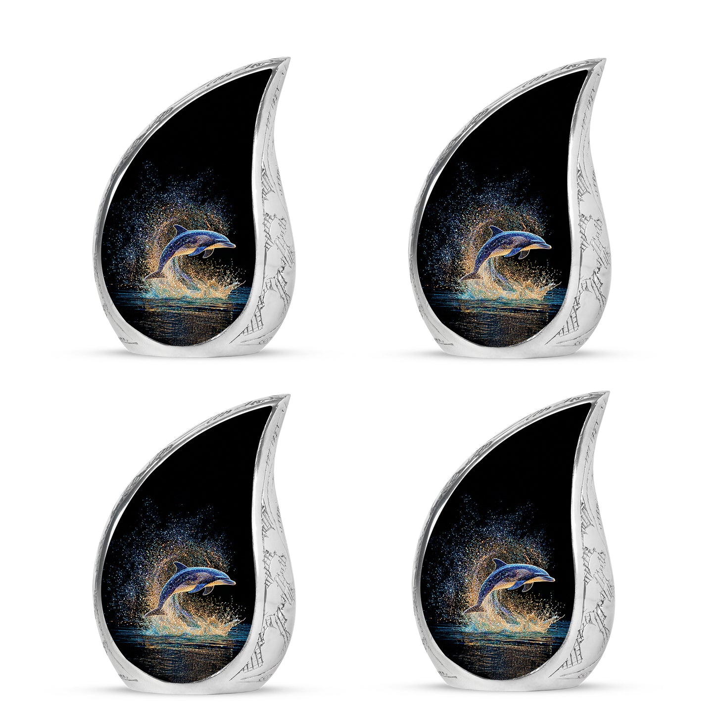 Dark Black Dolphin Cremation Urn close-up of engraving and surface detail - smooth teardrop contour featuring dolphin art - 10 inch aluminum urn for cremated remains