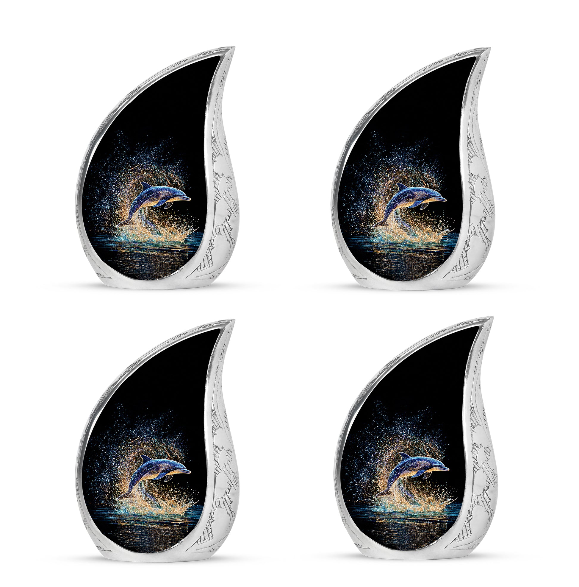Dark Black Dolphin Cremation Urn close-up of engraving and surface detail - smooth teardrop contour featuring dolphin art - 10 inch aluminum urn for cremated remains
