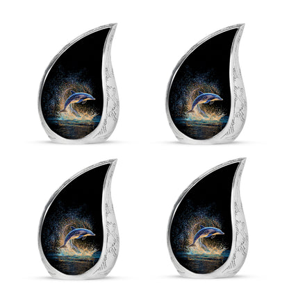 Dark Black Dolphin Cremation Urn close-up of engraving and surface detail - smooth teardrop contour featuring dolphin art - 10 inch aluminum urn for cremated remains