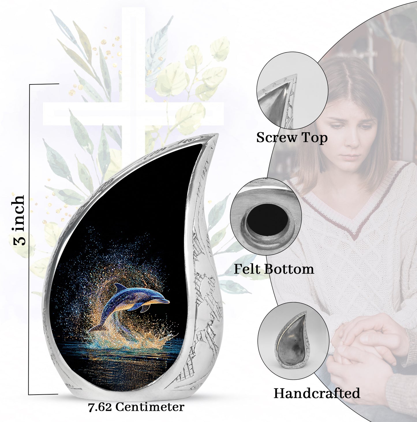 Obsidian Black Dolphin Cremation Urn angled view of lid and engraved motif - graceful tear-shaped urn with dolphin motif - mini keepsake memorial for portion of cremation ashes