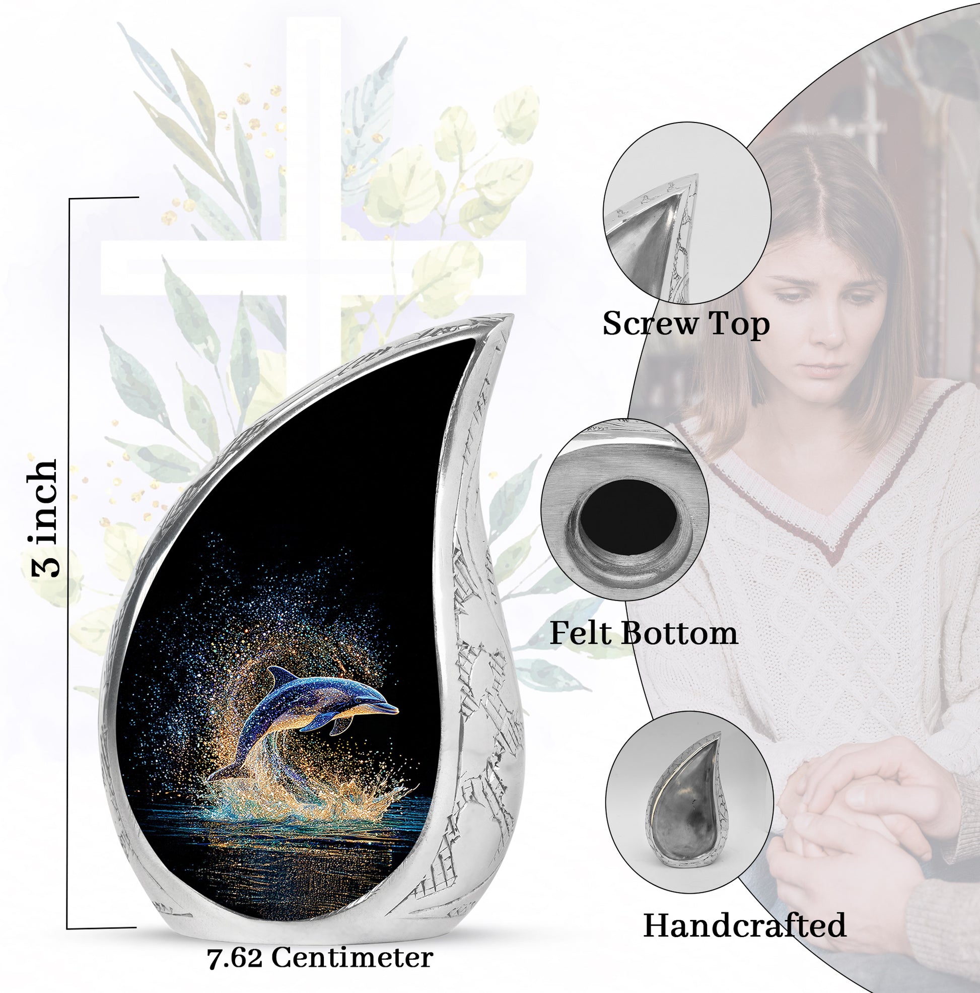Obsidian Black Dolphin Cremation Urn angled view of lid and engraved motif - graceful tear-shaped urn with dolphin motif - mini keepsake memorial for portion of cremation ashes