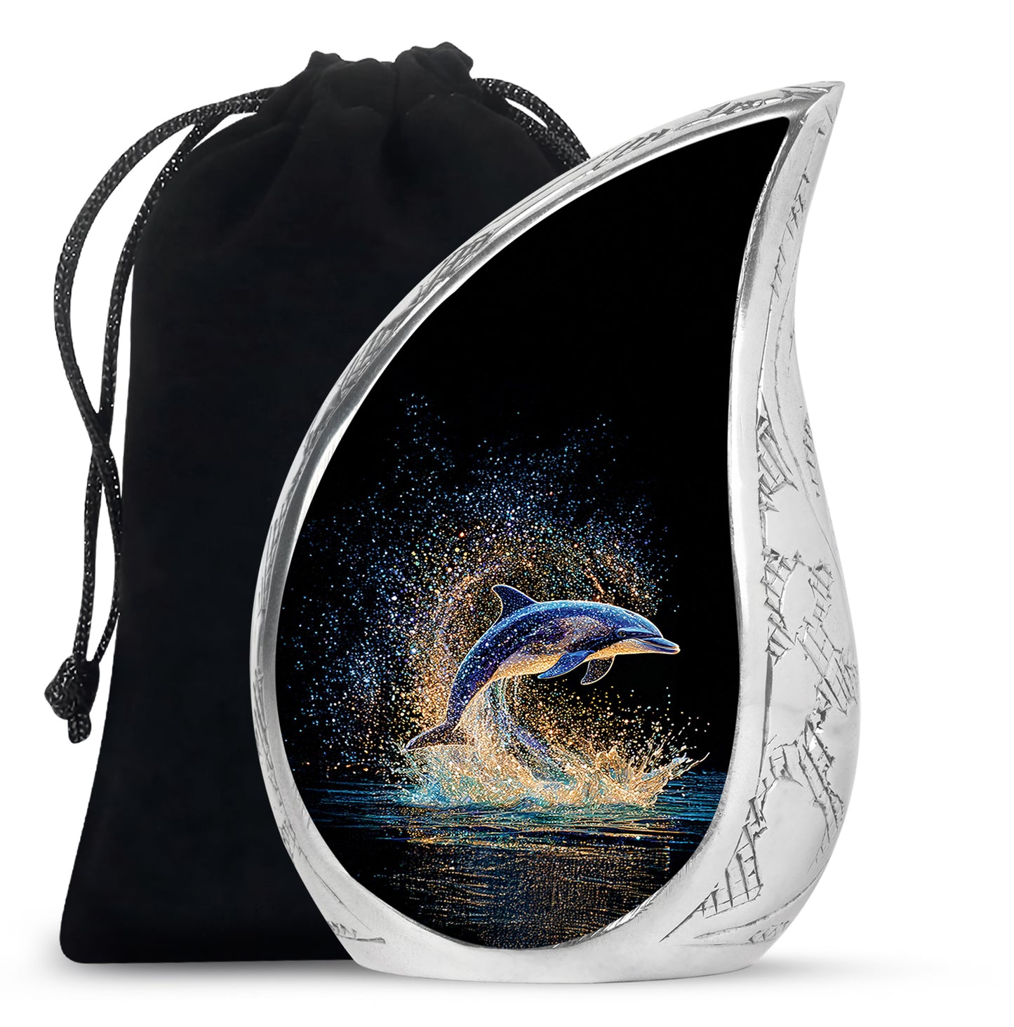 Charcoal Black Dolphin Cremation Urn front view showing detailed design - smooth teardrop contour featuring dolphin art - full-size 10 inch 200 cubic inch adult cremation urn