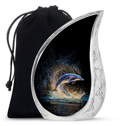 Charcoal Black Dolphin Cremation Urn front view showing detailed design - smooth teardrop contour featuring dolphin art - full-size 10 inch 200 cubic inch adult cremation urn
