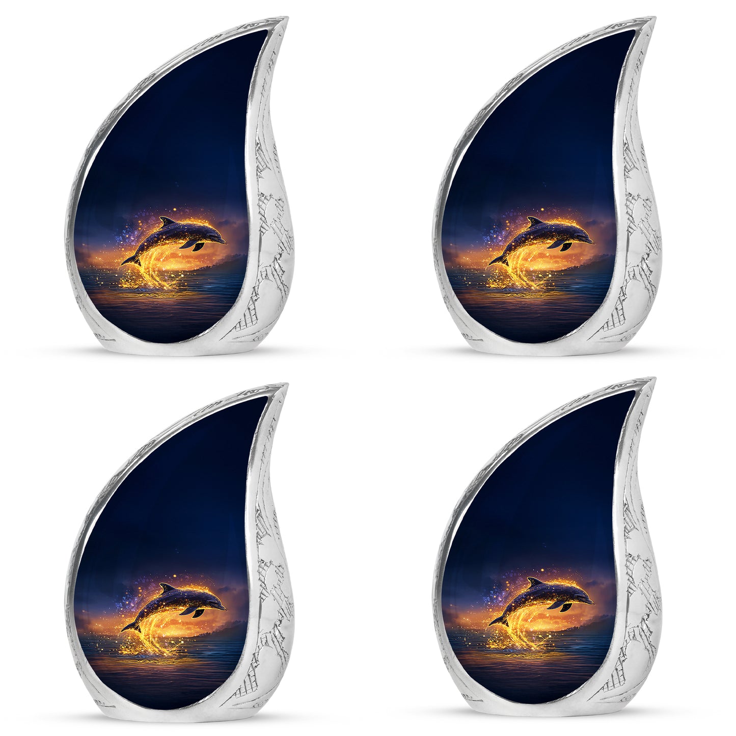 Powder Blue Dolphin Cremation Urn close-up of engraving and surface detail - flowing teardrop dolphin silhouette on curved aluminum - 10 inch aluminum urn for cremated remains