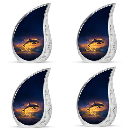 Powder Blue Dolphin Cremation Urn close-up of engraving and surface detail - flowing teardrop dolphin silhouette on curved aluminum - 10 inch aluminum urn for cremated remains