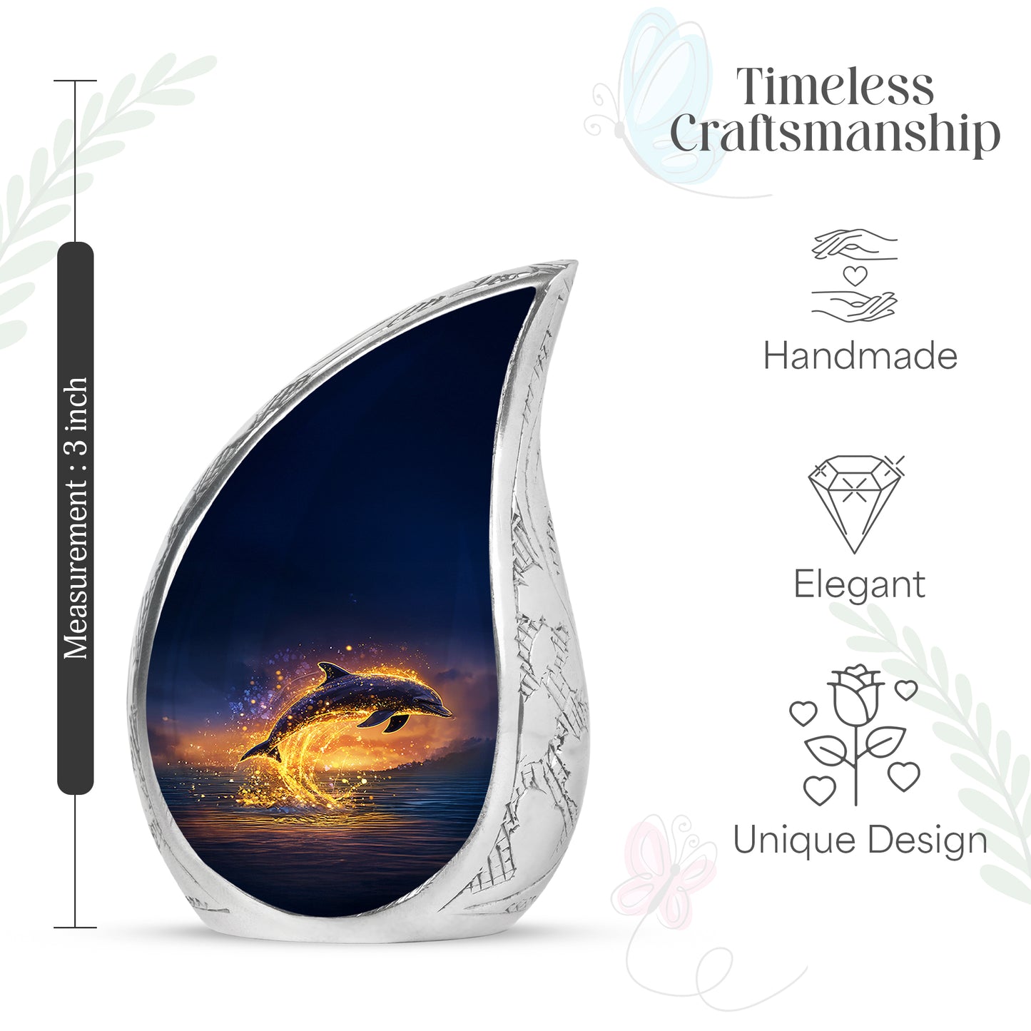 Sky Blue Dolphin Cremation Urn angled view of lid and engraved motif - flowing teardrop dolphin silhouette on curved aluminum - mini keepsake memorial for portion of cremation ashes