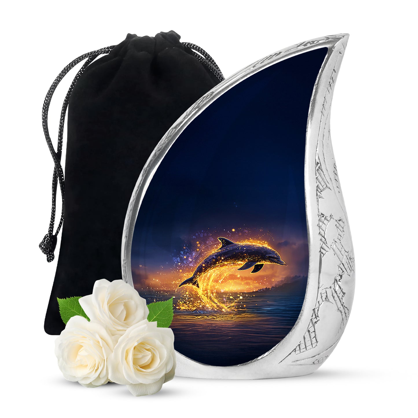 Pastel Blue Dolphin Cremation Urn front view showing detailed design - flowing teardrop dolphin silhouette on curved aluminum - full-size 10 inch 200 cubic inch adult cremation urn