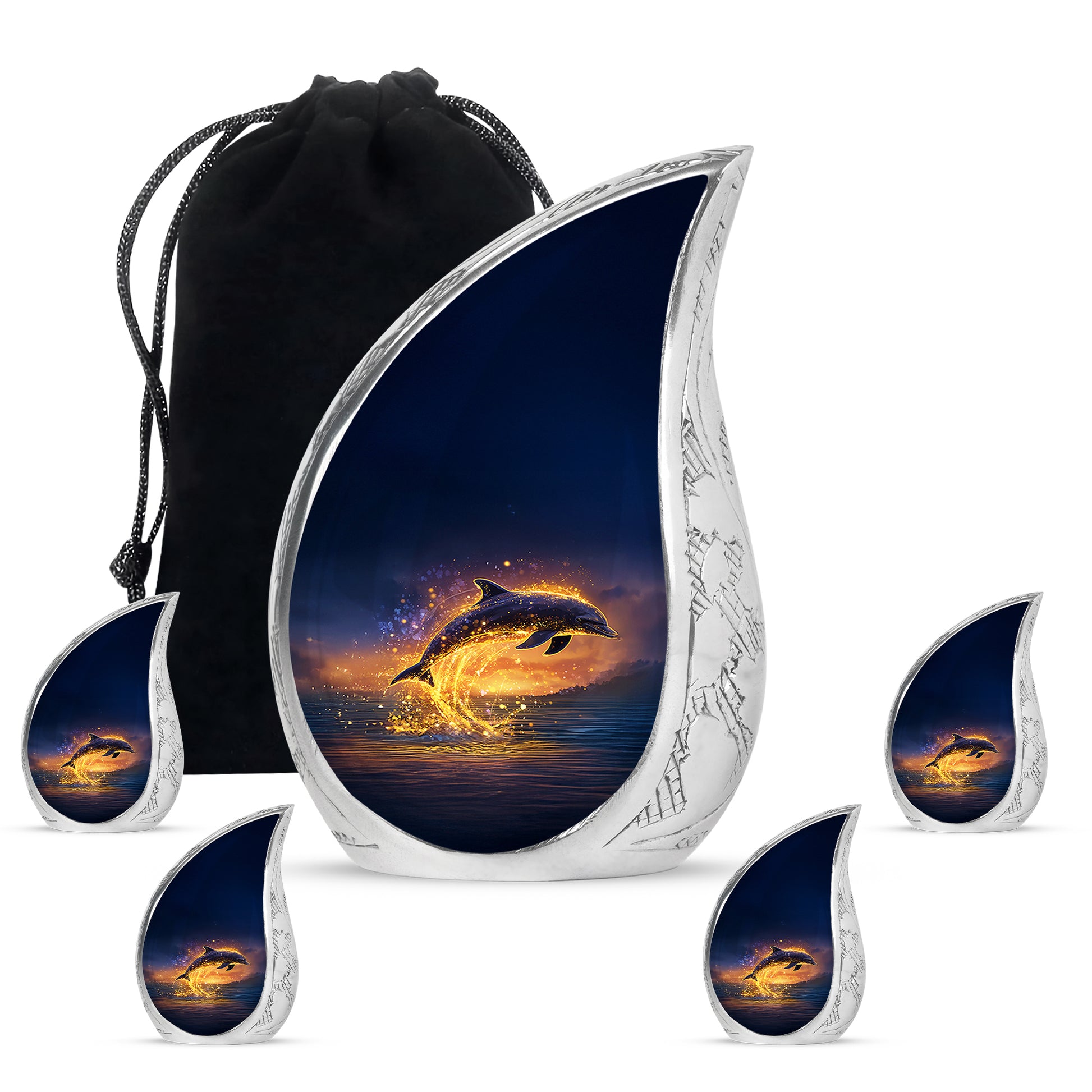 Slate Blue Dolphin Cremation Urn side profile showing urn shape - flowing teardrop dolphin silhouette on curved aluminum - memorial set with one large and four small urns