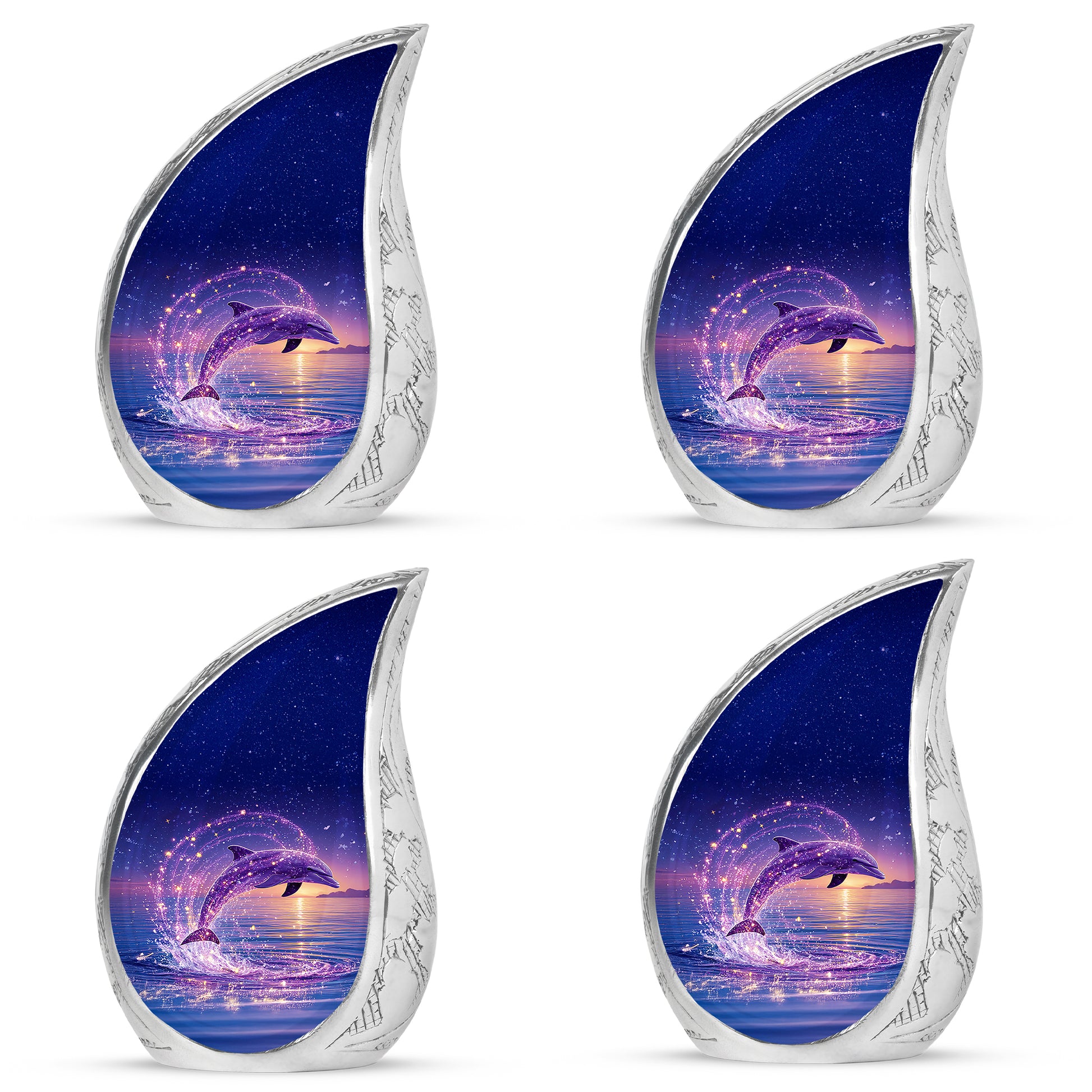 Twilight Blue Dolphin Cremation Urn close-up of engraving and surface detail - smooth teardrop contour featuring dolphin art - 10 inch aluminum urn for cremated remains