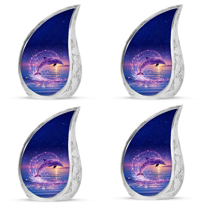Twilight Blue Dolphin Cremation Urn close-up of engraving and surface detail - smooth teardrop contour featuring dolphin art - 10 inch aluminum urn for cremated remains