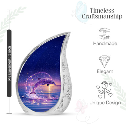Cornflower Blue Dolphin Cremation Urn angled view of lid and engraved motif - graceful tear-shaped urn with dolphin motif - mini keepsake memorial for portion of cremation ashes