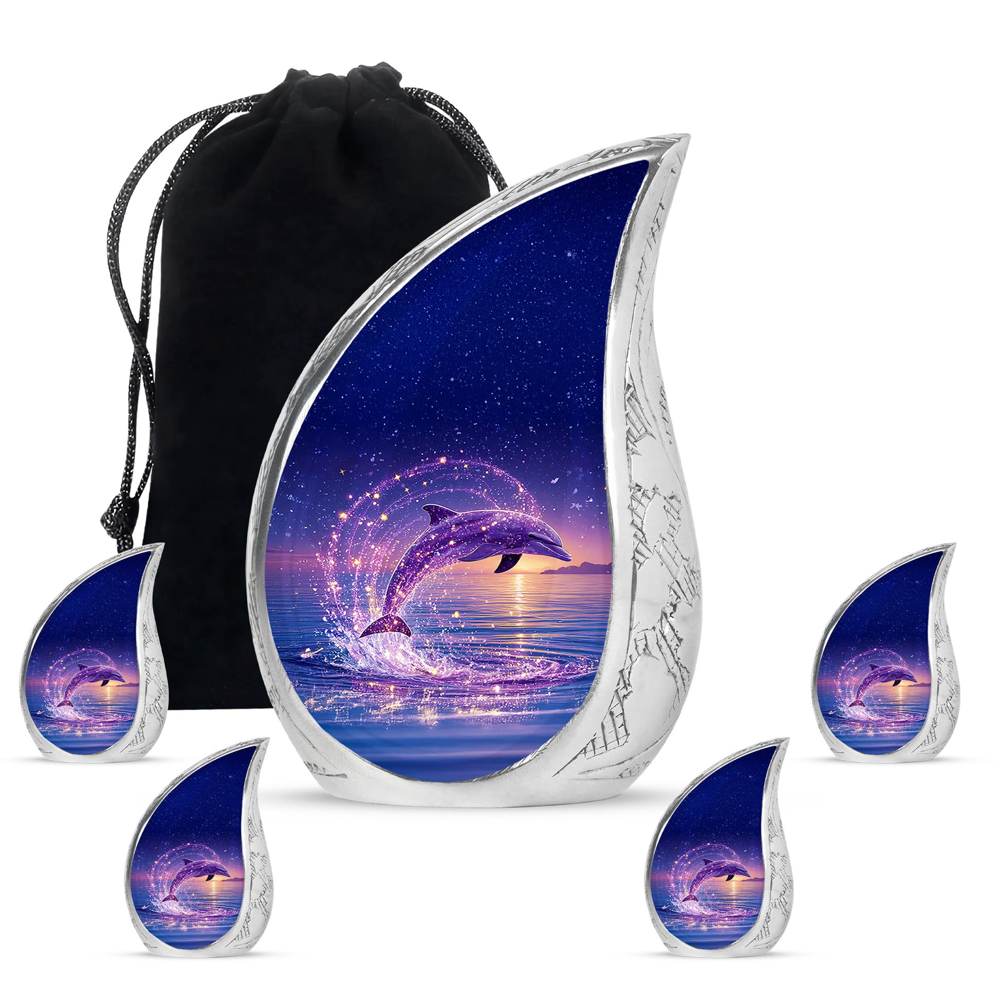 Indigo Dolphin Cremation Urn side profile showing urn shape - rounded teardrop dolphin design with delicate detail - memorial set with one large and four small urns