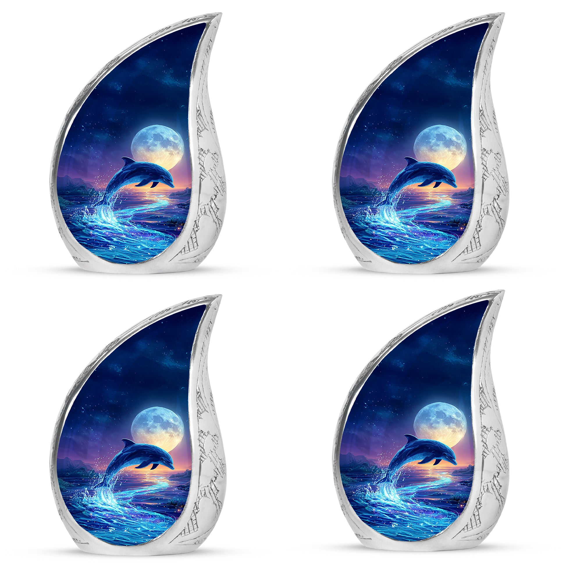 Slate Blue Dolphin Cremation Urn close-up of engraving and surface detail - rounded teardrop dolphin design with delicate detail - 10 inch aluminum urn for cremated remains
