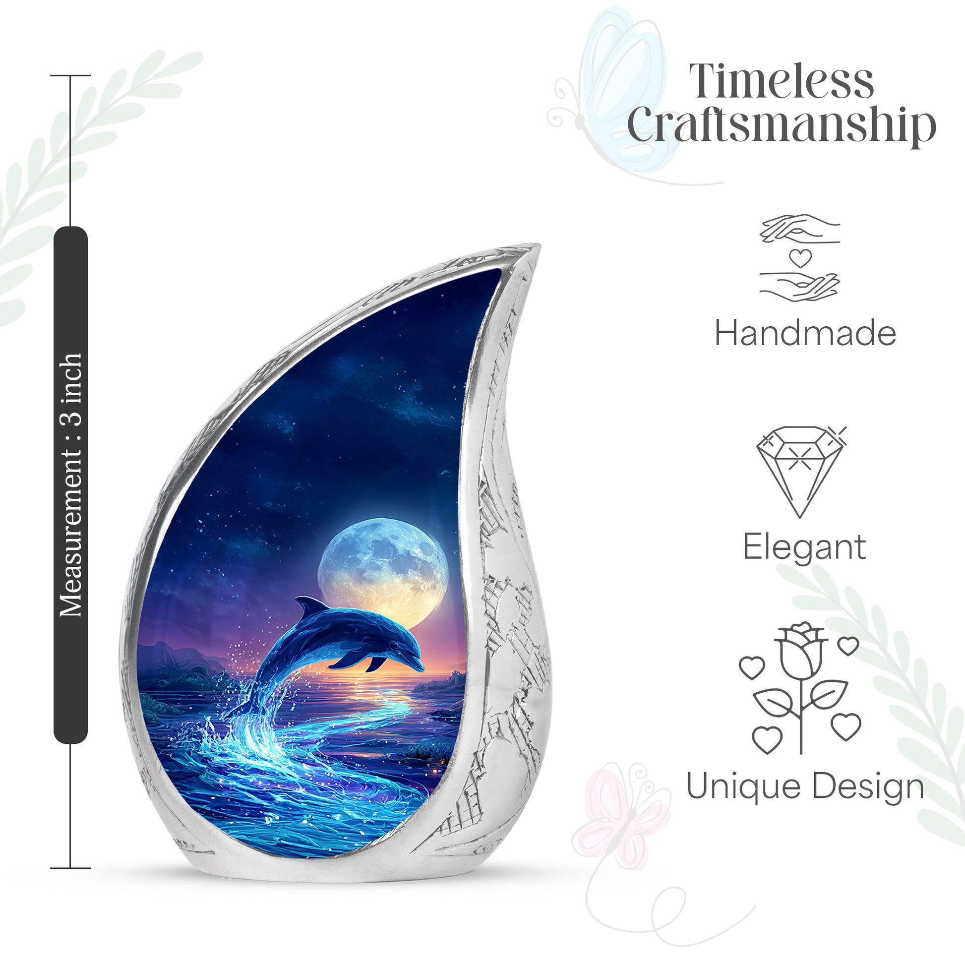 Slate Blue Dolphin Cremation Urn angled view of lid and engraved motif - rounded teardrop dolphin design with delicate detail - mini keepsake memorial for portion of cremation ashes