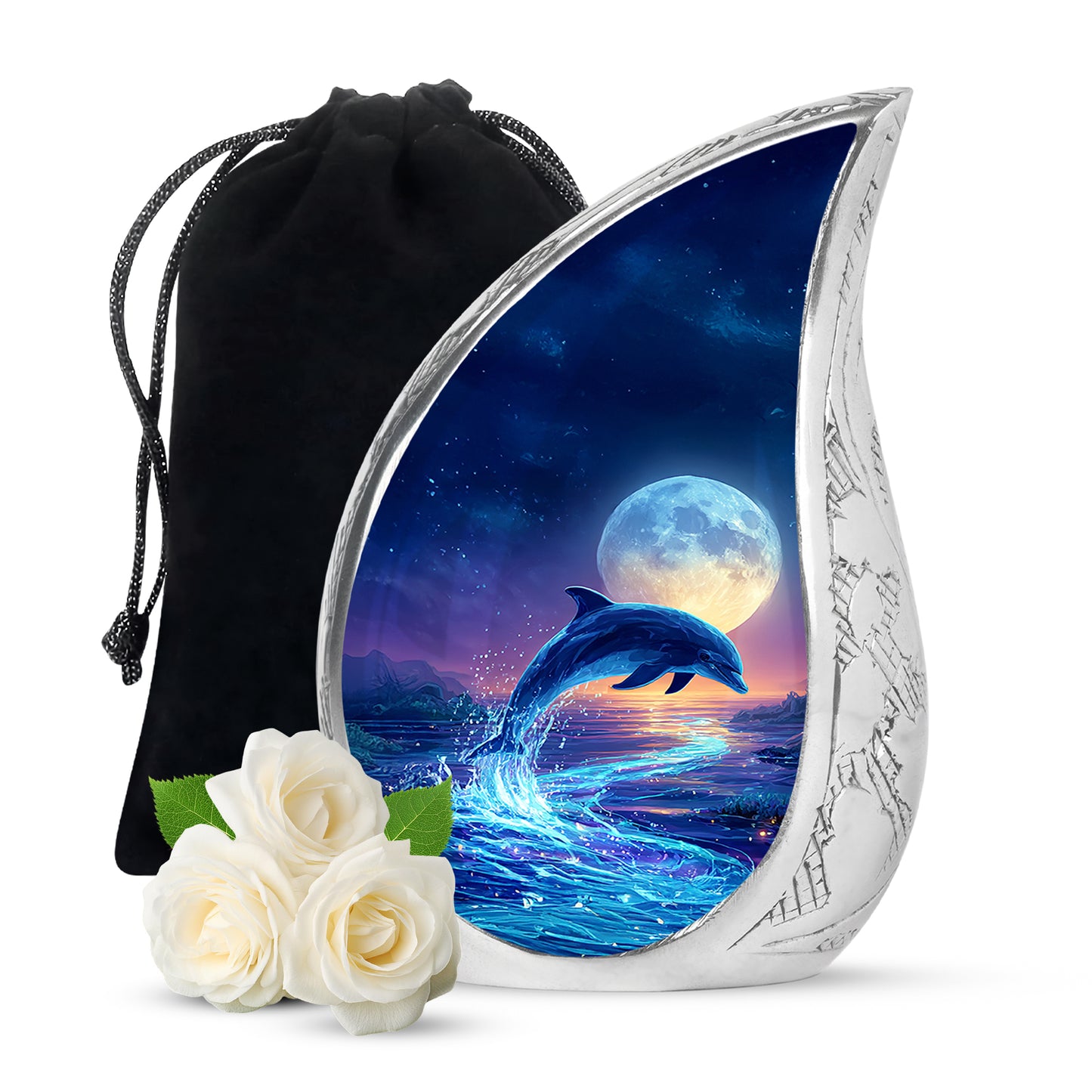 Powder Blue Dolphin Cremation Urn front view showing detailed design - rounded teardrop dolphin design with delicate detail - full-size 10 inch 200 cubic inch adult cremation urn