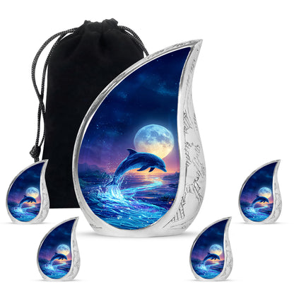 Bright Blue Dolphin Cremation Urn side profile showing urn shape - graceful tear-shaped urn with dolphin motif - memorial set with one large and four small urns
