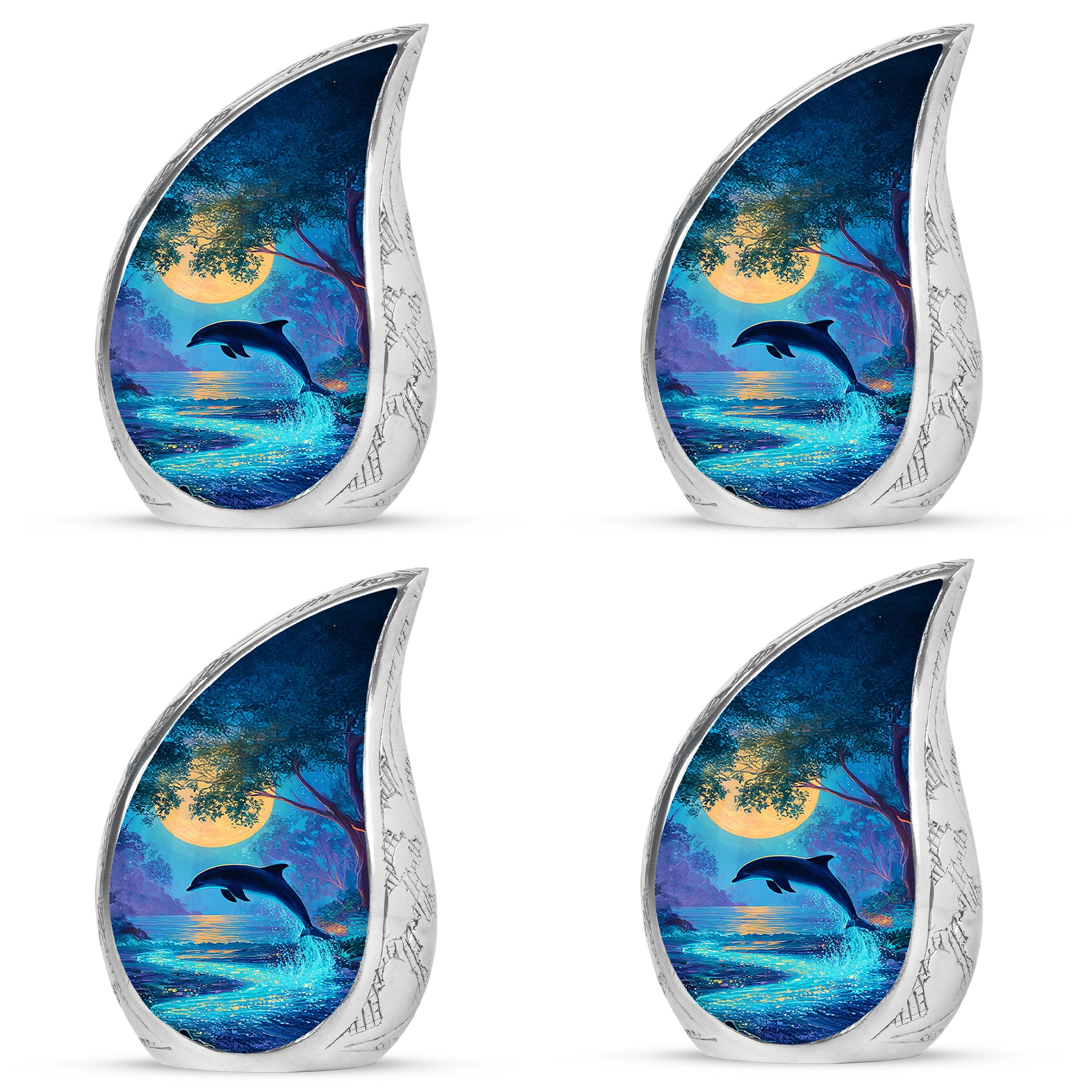 Cool Teal Dolphin Cremation Urn close-up of engraving and surface detail - flowing teardrop dolphin silhouette on curved aluminum - 10 inch aluminum urn for cremated remains