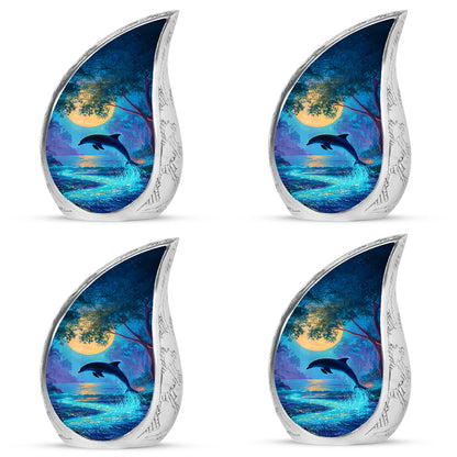 Cool Teal Dolphin Cremation Urn close-up of engraving and surface detail - flowing teardrop dolphin silhouette on curved aluminum - 10 inch aluminum urn for cremated remains