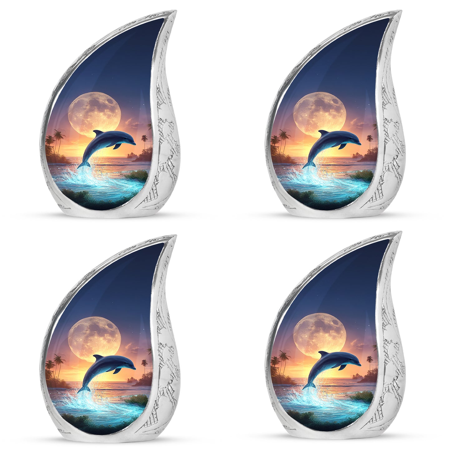Slate Gray Dolphin Cremation Urn close-up of engraving and surface detail - graceful tear-shaped urn with dolphin motif - 10 inch aluminum urn for cremated remains