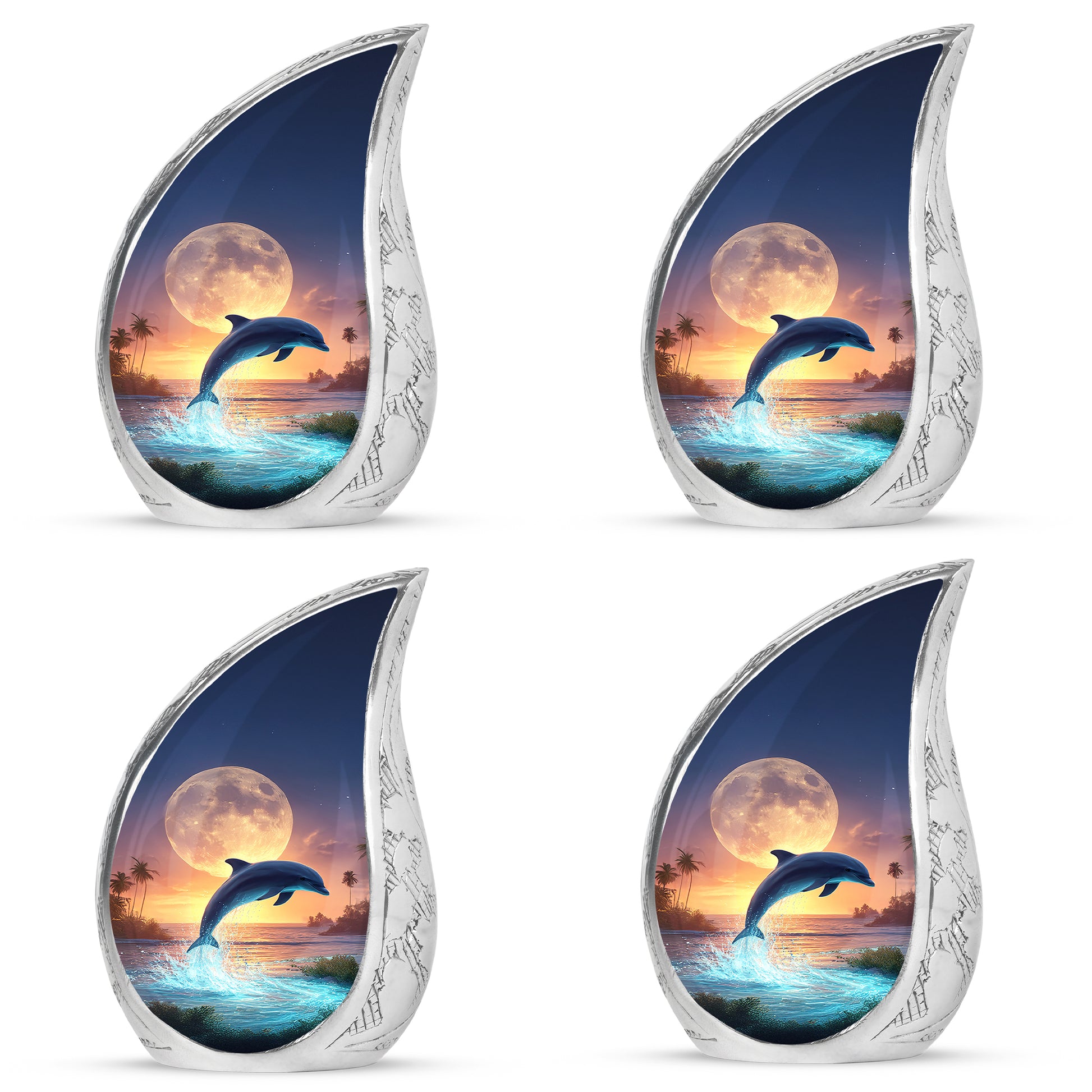 Slate Gray Dolphin Cremation Urn close-up of engraving and surface detail - graceful tear-shaped urn with dolphin motif - 10 inch aluminum urn for cremated remains