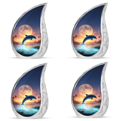 Slate Gray Dolphin Cremation Urn close-up of engraving and surface detail - graceful tear-shaped urn with dolphin motif - 10 inch aluminum urn for cremated remains