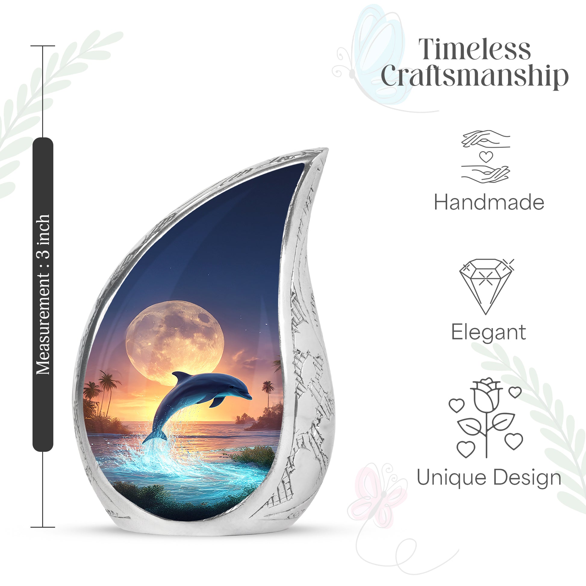 Storm Gray Dolphin Cremation Urn angled view of lid and engraved motif - smooth teardrop contour featuring dolphin art - mini keepsake memorial for portion of cremation ashes