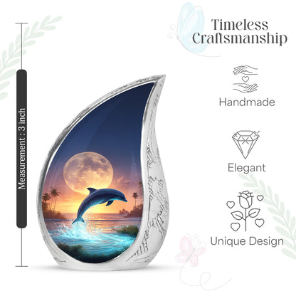 Storm Gray Dolphin Cremation Urn angled view of lid and engraved motif - smooth teardrop contour featuring dolphin art - mini keepsake memorial for portion of cremation ashes