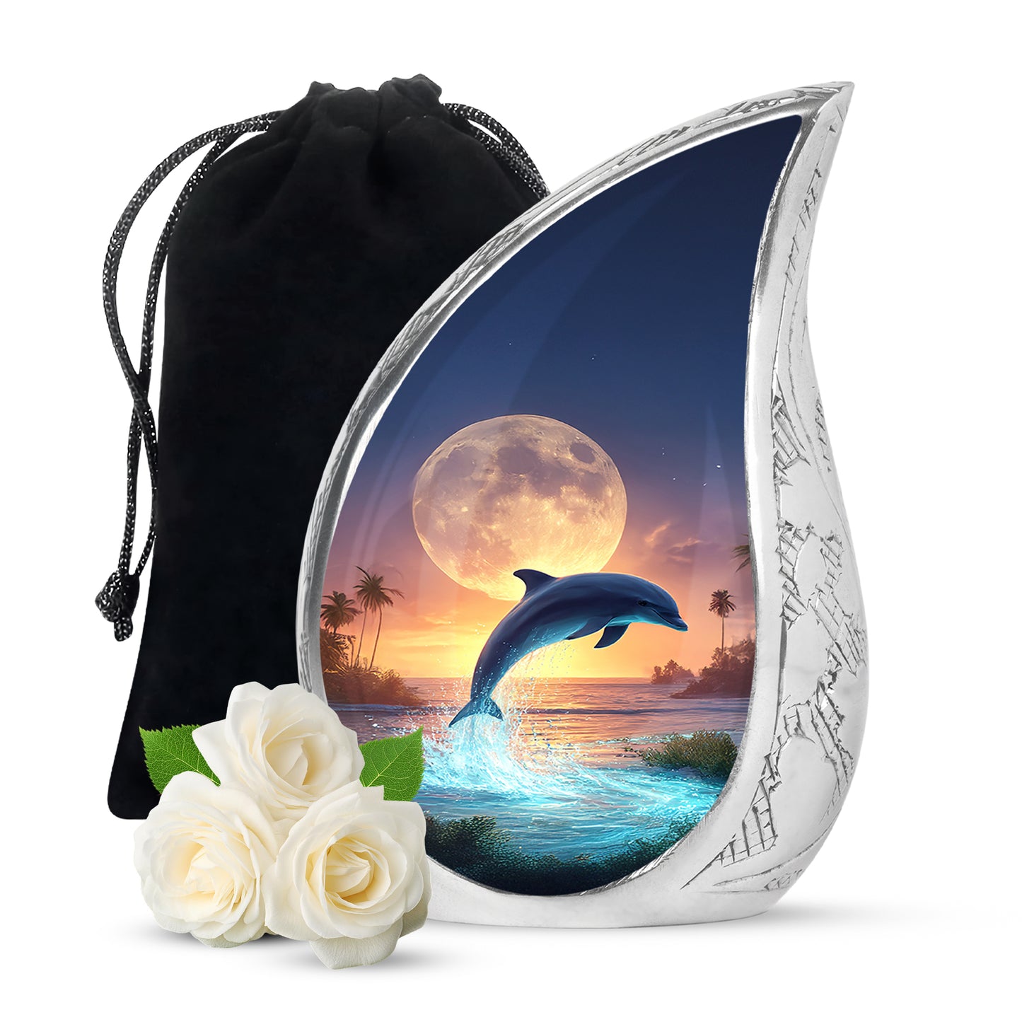 Dove Gray Dolphin Cremation Urn front view showing detailed design - rounded teardrop dolphin design with delicate detail - full-size 10 inch 200 cubic inch adult cremation urn
