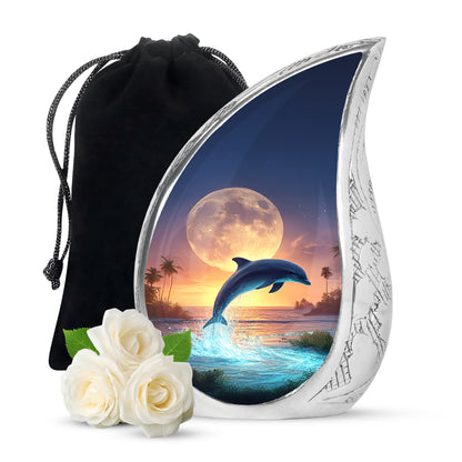 Dove Gray Dolphin Cremation Urn front view showing detailed design - rounded teardrop dolphin design with delicate detail - full-size 10 inch 200 cubic inch adult cremation urn