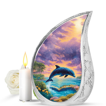 Graceful Blue Dolphin Sanctuary Urn for Human Ashes - 10-inch, 200 cu in - Yatskia
