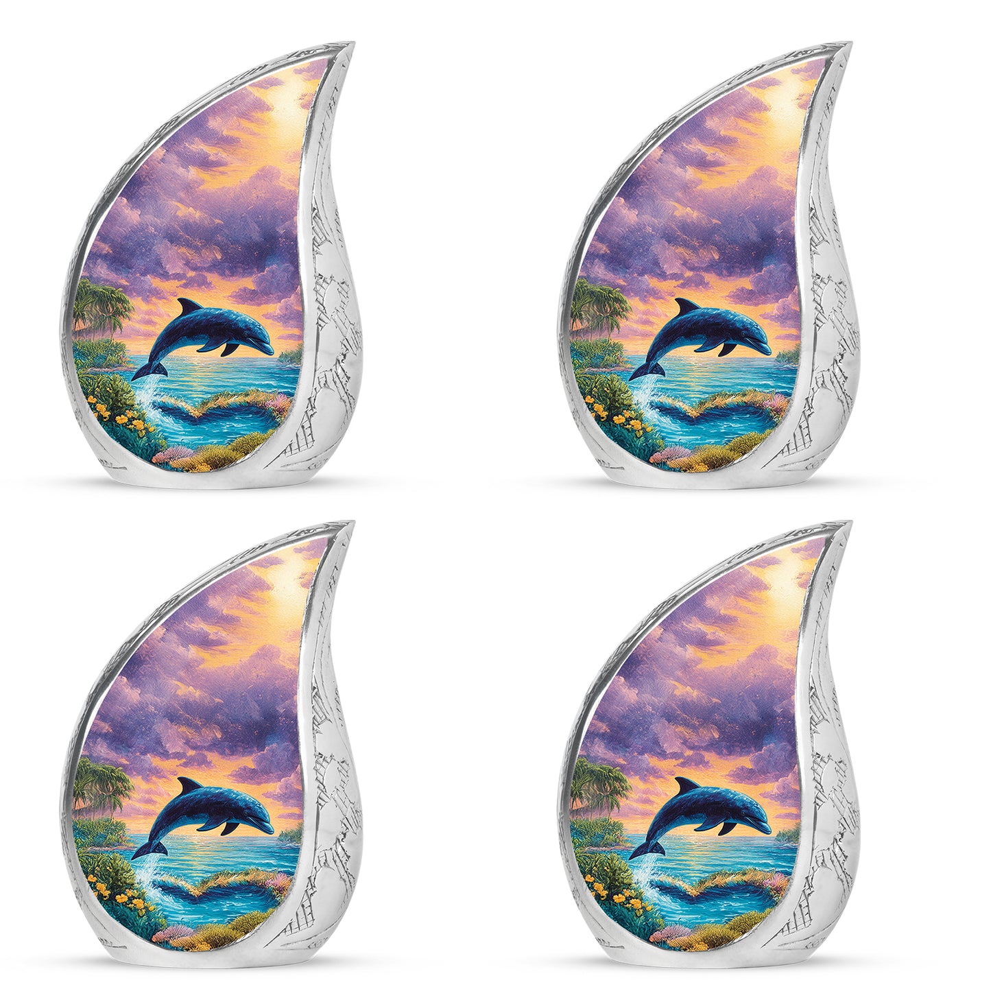 Steel Blue Dolphin Cremation Urn close-up of engraving and surface detail - graceful tear-shaped urn with dolphin motif - 10 inch aluminum urn for cremated remains
