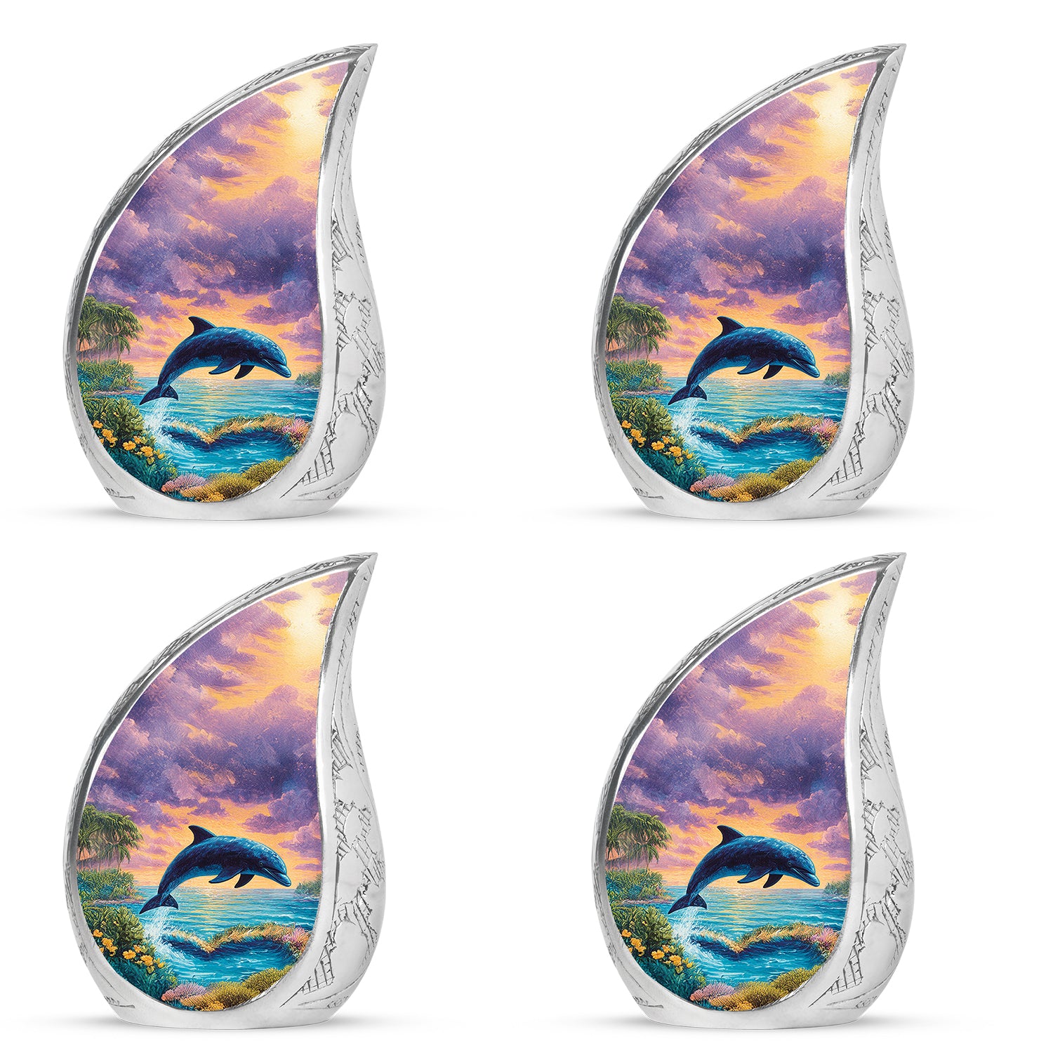 Steel Blue Dolphin Cremation Urn close-up of engraving and surface detail - graceful tear-shaped urn with dolphin motif - 10 inch aluminum urn for cremated remains