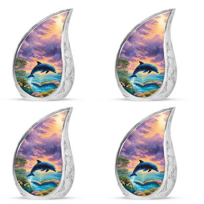 Steel Blue Dolphin Cremation Urn close-up of engraving and surface detail - graceful tear-shaped urn with dolphin motif - 10 inch aluminum urn for cremated remains
