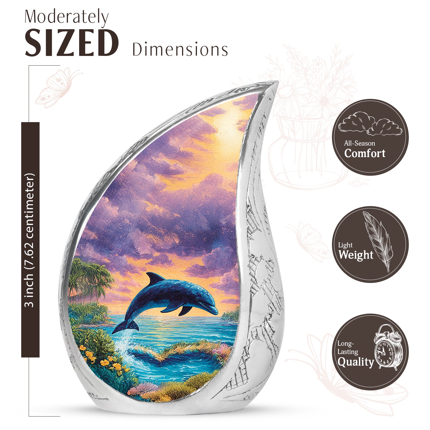 Vivid Blue Dolphin Cremation Urn angled view of lid and engraved motif - smooth teardrop contour featuring dolphin art - mini keepsake memorial for portion of cremation ashes