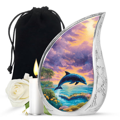 Misty Blue Dolphin Cremation Urn front view showing detailed design - rounded teardrop dolphin design with delicate detail - full-size 10 inch 200 cubic inch adult cremation urn