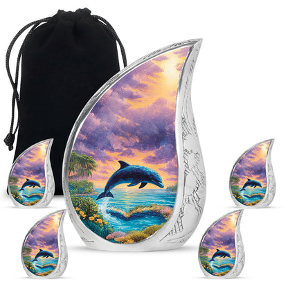 Azure Dolphin Cremation Urn side profile showing urn shape - flowing teardrop dolphin silhouette on curved aluminum - memorial set with one large and four small urns