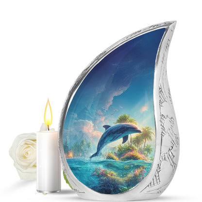 Blue Serene Dolphin Memorial Urn for Ashes - 10-inch, 200 cu in - Yatskia