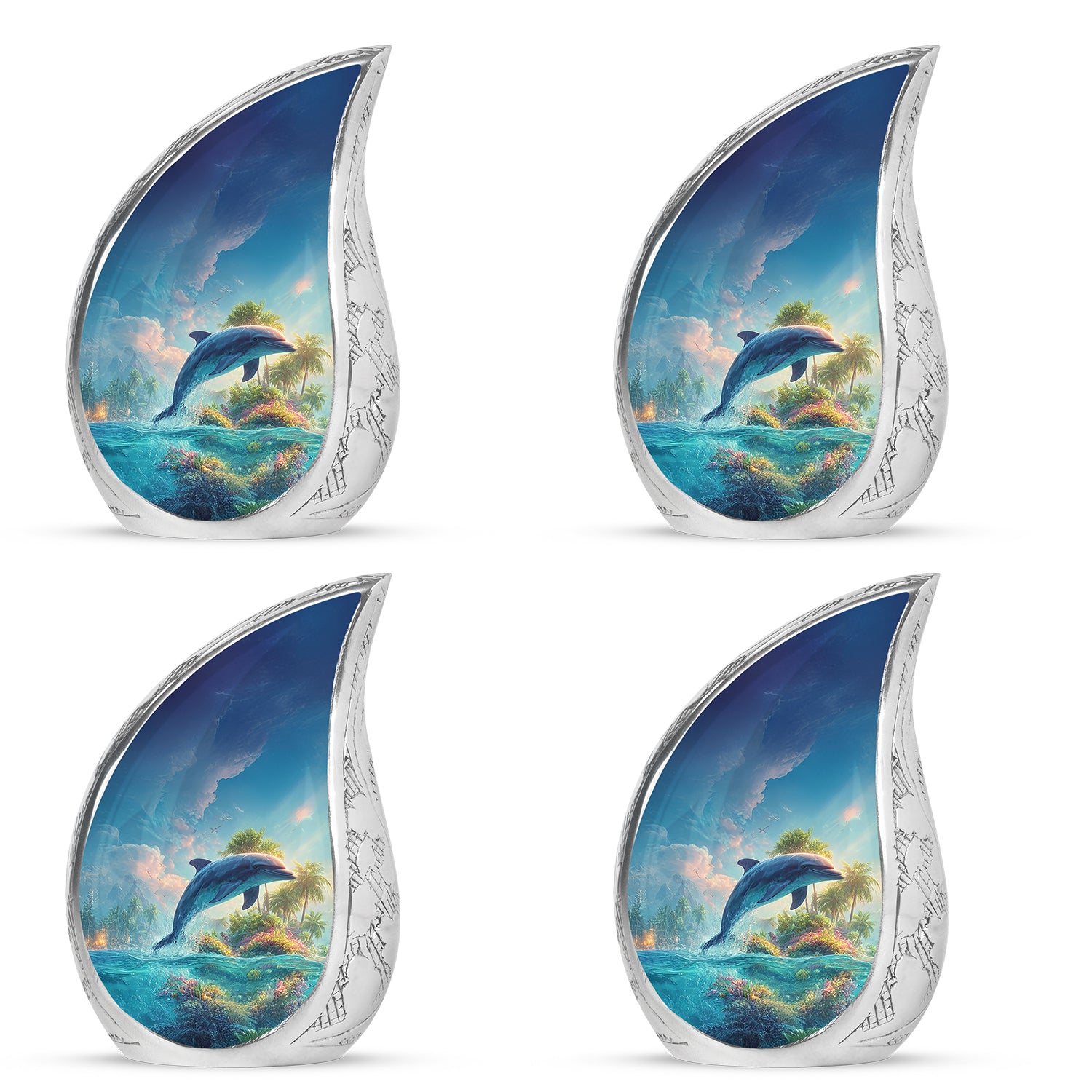 Cornflower Blue Dolphin Cremation Urn close-up of engraving and surface detail - smooth teardrop contour featuring dolphin art - 10 inch aluminum urn for cremated remains
