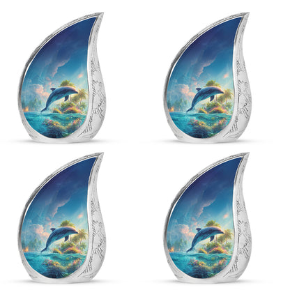Cornflower Blue Dolphin Cremation Urn close-up of engraving and surface detail - smooth teardrop contour featuring dolphin art - 10 inch aluminum urn for cremated remains