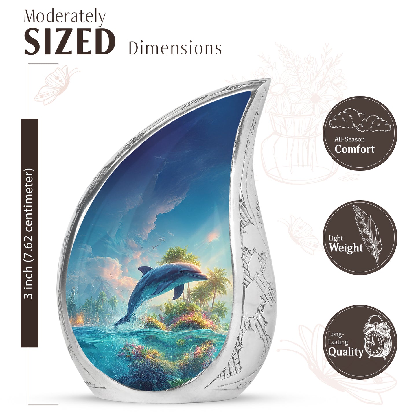 Bright Blue Dolphin Cremation Urn angled view of lid and engraved motif - smooth teardrop contour featuring dolphin art - mini keepsake memorial for portion of cremation ashes