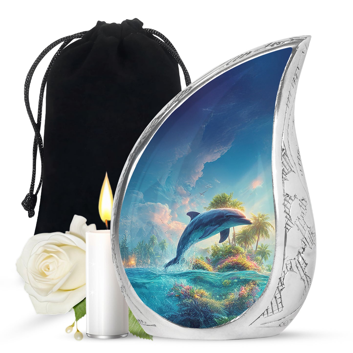 Celestial Blue Dolphin Cremation Urn front view showing detailed design - flowing teardrop dolphin silhouette on curved aluminum - full-size 10 inch 200 cubic inch adult cremation urn