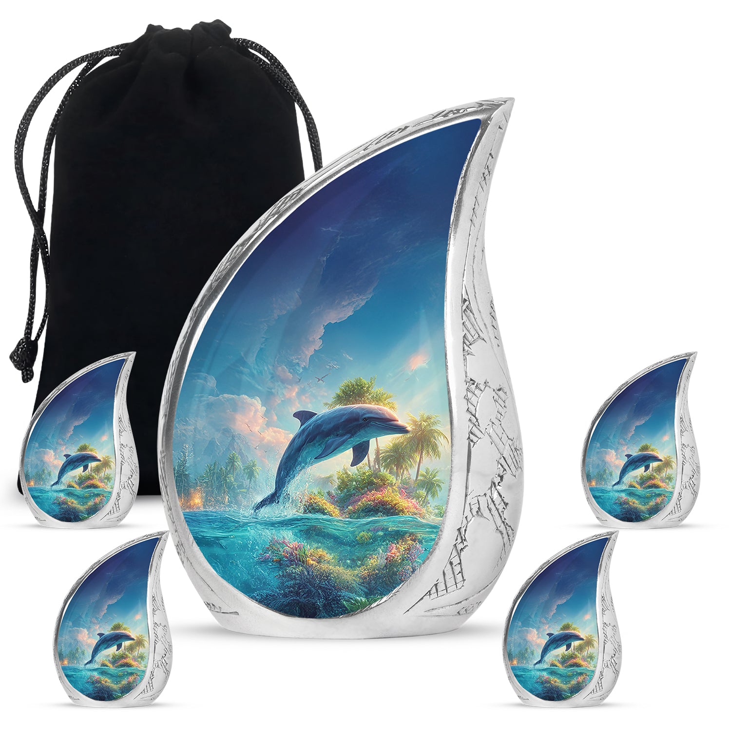 Sapphire Blue Dolphin Cremation Urn side profile showing urn shape - smooth teardrop contour featuring dolphin art - memorial set with one large and four small urns