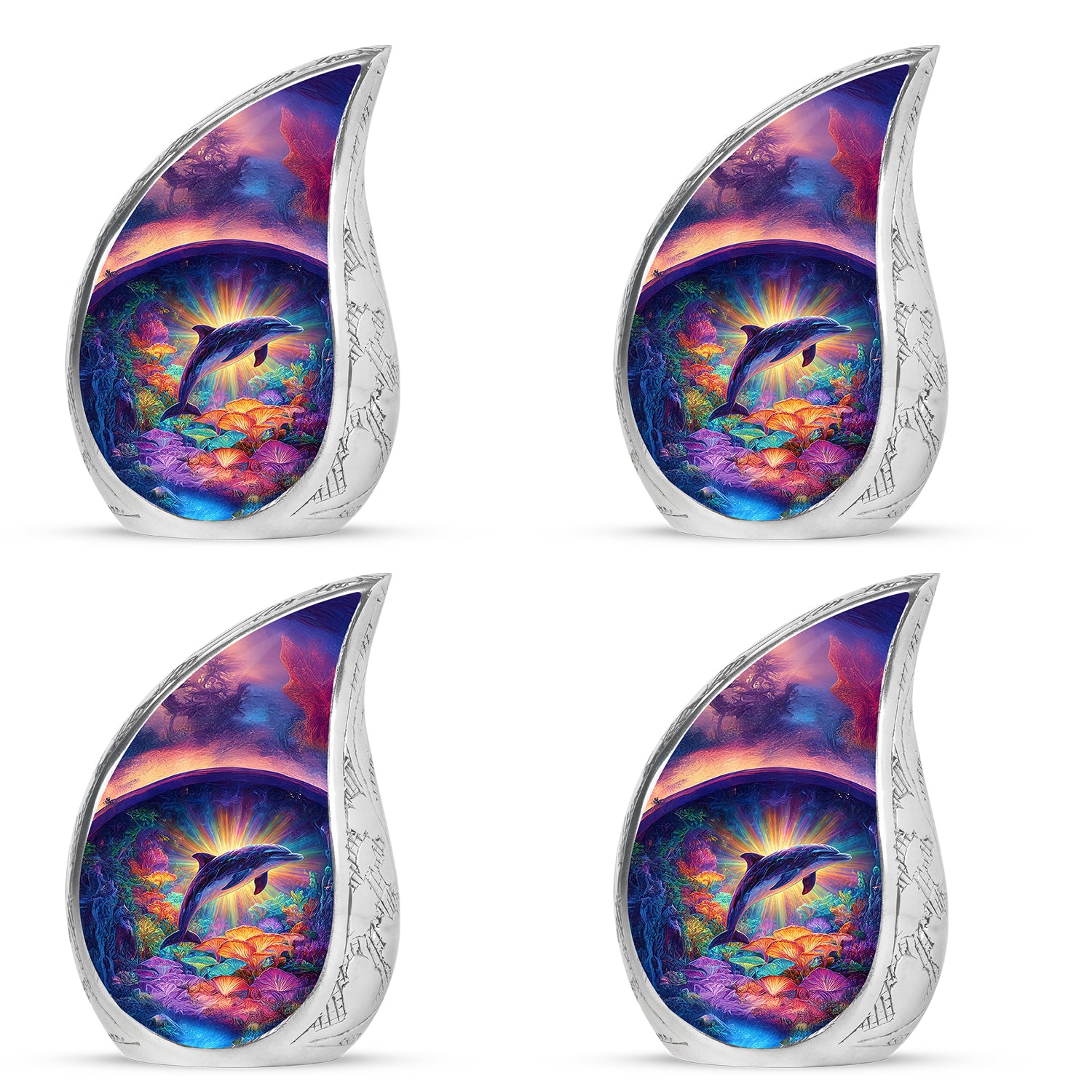 Peony Pink Dolphin Cremation Urn close-up of engraving and surface detail - flowing teardrop dolphin silhouette on curved aluminum - 10 inch aluminum urn for cremated remains