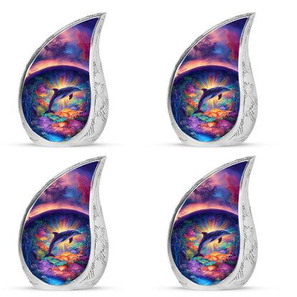 Peony Pink Dolphin Cremation Urn close-up of engraving and surface detail - flowing teardrop dolphin silhouette on curved aluminum - 10 inch aluminum urn for cremated remains