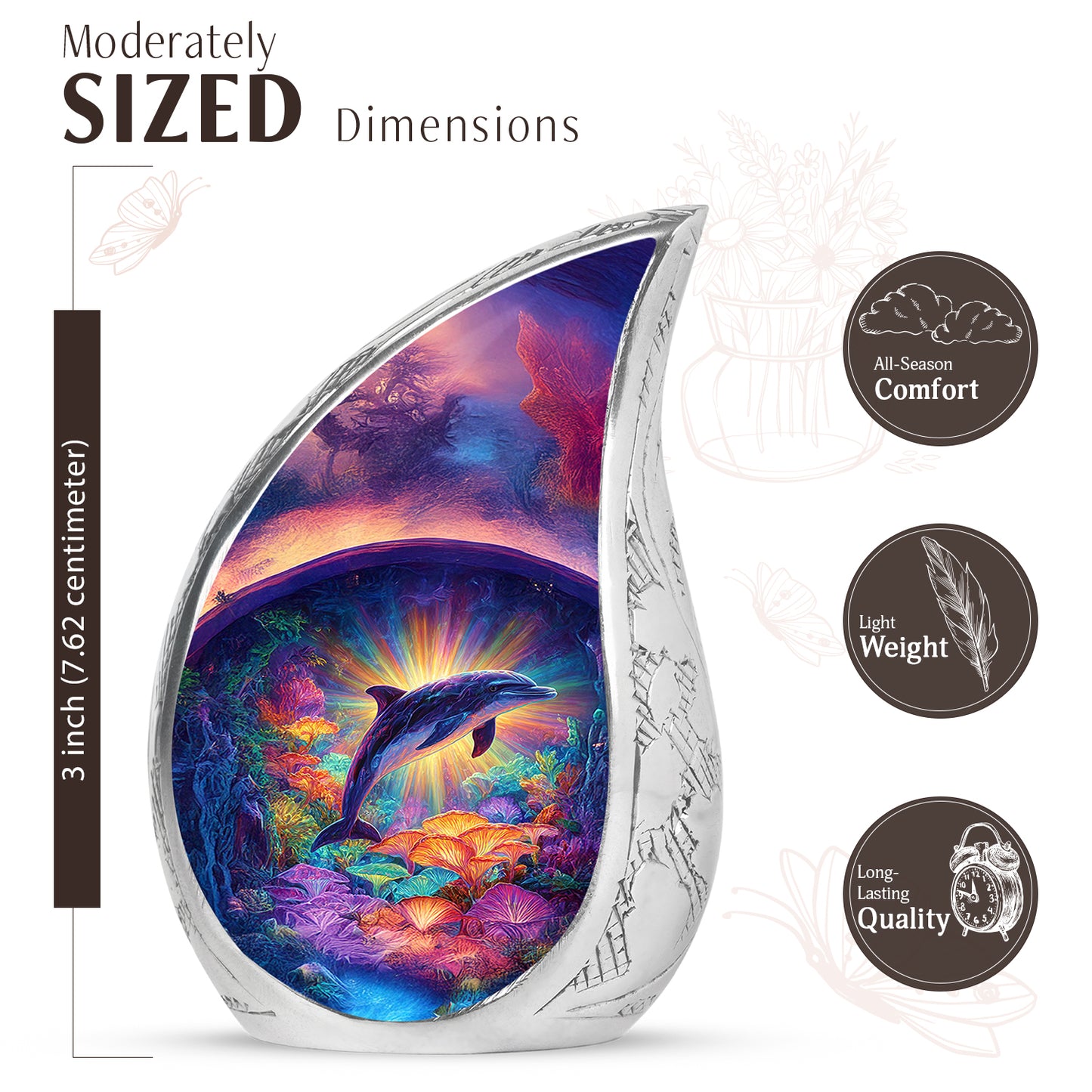 Blush Pink Dolphin Cremation Urn angled view of lid and engraved motif - rounded teardrop dolphin design with delicate detail - mini keepsake memorial for portion of cremation ashes