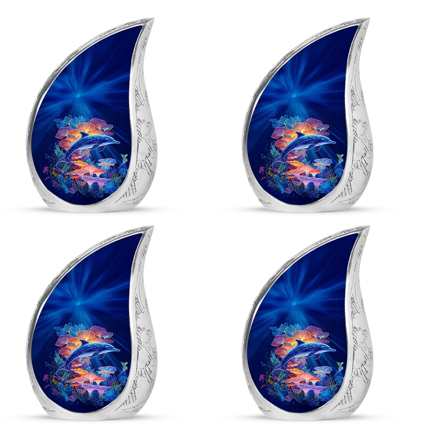 Celestial Blue Dolphin Cremation Urn close-up of engraving and surface detail - flowing teardrop dolphin silhouette on curved aluminum - 10 inch aluminum urn for cremated remains