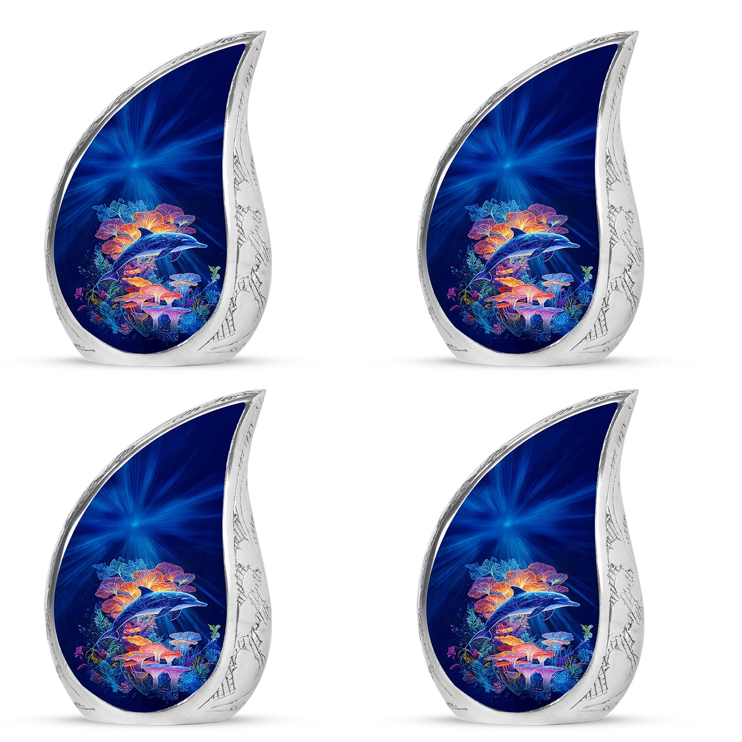 Celestial Blue Dolphin Cremation Urn close-up of engraving and surface detail - flowing teardrop dolphin silhouette on curved aluminum - 10 inch aluminum urn for cremated remains