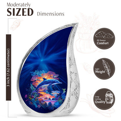 Azure Dolphin Cremation Urn angled view of lid and engraved motif - rounded teardrop dolphin design with delicate detail - mini keepsake memorial for portion of cremation ashes