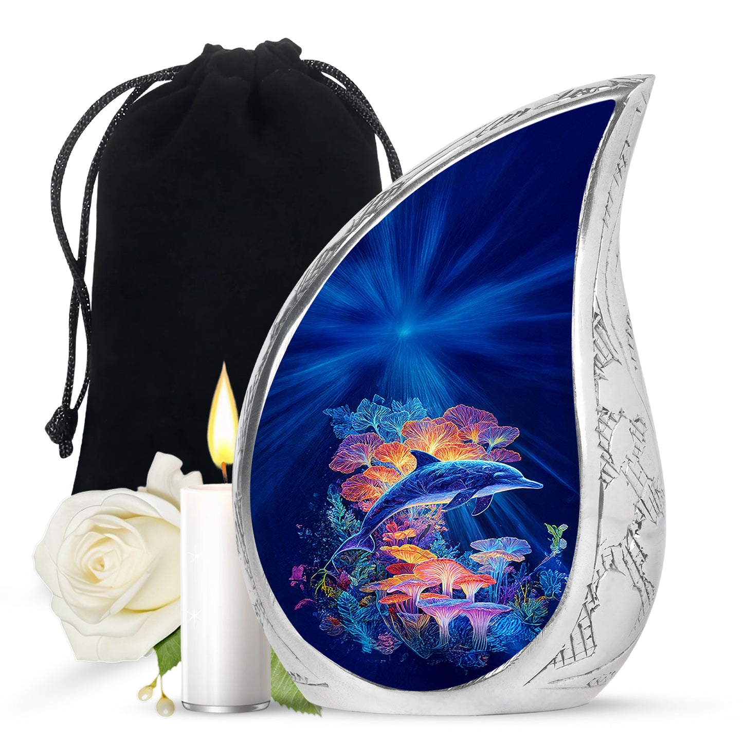 Pastel Blue Dolphin Cremation Urn front view showing detailed design - flowing teardrop dolphin silhouette on curved aluminum - full-size 10 inch 200 cubic inch adult cremation urn
