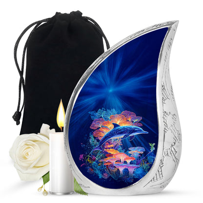 Pastel Blue Dolphin Cremation Urn front view showing detailed design - flowing teardrop dolphin silhouette on curved aluminum - full-size 10 inch 200 cubic inch adult cremation urn